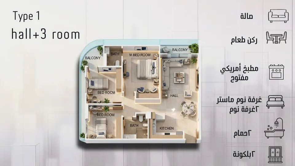 النوع 1 — صالة + 3 غرف